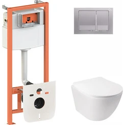 Унитаз подвесной Qtap Jay QT07335176W с инсталляцией Qtap Nest QT0133M425 и клавишей смыва M06029SAT (QT07335176W0133M425M06029SAT, с сиденьем и звукоизоляционной прокладкой), фото 