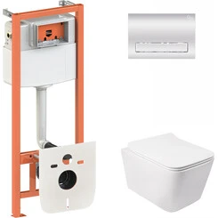 Комплект унитаз с инсталляцией 4 в 1 Qtap QT05335170W0133M425M08381CRM: подвесной унитаз с сиденьем Crow QT05335170W + инсталляция Nest ST QT0133M425 + клавиша смыва Nest QT0111M08381CRM + звукоизоляционная прокладка, фото 