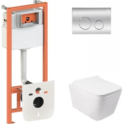 Комплект унитаз с инсталляцией 4 в 1 Qtap QT05335170W0133M425M11112CRM: подвесной унитаз с сиденьем Crow QT05335170W + инсталляция Nest ST QT0133M425 + клавиша смыва Nest QT0111M11112CRM + звукоизоляционная прокладка, фото 
