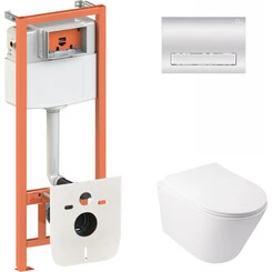 Комплект унитаз с инсталляцией 4 в 1 Qtap QT16335178W0133M425M08381CRM: подвесной унитаз с сиденьем Swan QT16335178W + инсталляция Nest ST QT0133M425 + клавиша смыва Nest QT0111M08381CRM + звукоизоляционная прокладка, фото 