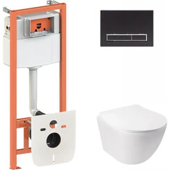 Комплект унитаз с инсталляцией 4 в 1 Qtap QT07335176W0133M425M08V1091MB: подвесной унитаз с сиденьем Jay QT07335176W + инсталляция Nest ST QT0133M425 + клавиша смыва Nest QT0111M08V1091MB + звукоизоляционная прокладка, фото 