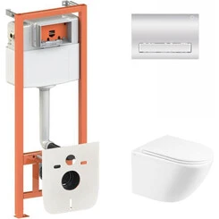 Комплект унитаз с инсталляцией 4 в 1 Qtap QT1333046EUQW45144: подвесной унитаз с сиденьем Robin QT1333046EUQW + инсталляция Nest ST QT0133M425 + клавиша смыва Nest QT0111M08381CRM + звукоизоляционная прокладка, фото 