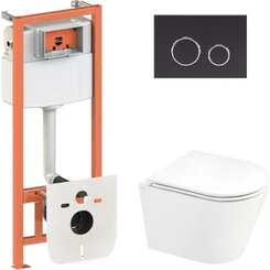 Комплект унитаз с инсталляцией 4 в 1 Qtap QT1433053EUQW45164: подвесной унитаз с сиденьем Scorpio QT14332380AW + инсталляция Nest ST QT0133M425 + клавиша смыва Nest QT0111M11V1146MB + звукоизоляционная прокладка, Цвет производителя: черный матовый, фото 