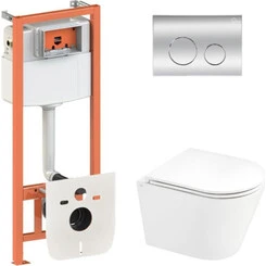 Комплект унитаз с инсталляцией 4 в 1 Qtap QT1433053EUQW45165: подвесной унитаз с сиденьем Scorpio QT14332380AW + инсталляция Nest ST QT0133M425 + клавиша смыва Nest QT0111M11112CRM + звукоизоляционная прокладка, Цвет производителя: хром, фото 