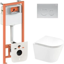 Комплект унитаз с инсталляцией 4 в 1 Qtap QT1433053EUQW45166: подвесной унитаз с сиденьем Scorpio QT14332380AW + инсталляция Nest ST QT0133M425 + клавиша смыва Nest QT0111M11111SAT + звукоизоляционная прокладка, Цвет производителя: сатин, фото 