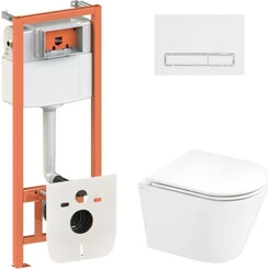 Комплект унитаз с инсталляцией 4 в 1 Qtap QT1433053EUQW45169: подвесной унитаз с сиденьем Scorpio QT14332380AW + инсталляция Nest ST QT0133M425 + клавиша смыва Nest QT0111M08V1384W + звукоизоляционная прокладка, Цвет производителя: белый глянец, фото 