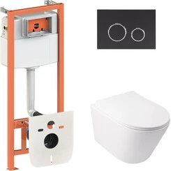 Комплект унитаз с инсталляцией 4 в 1 Qtap QT16335179W45150: подвесной унитаз с сиденьем Swan QT16335179W + инсталляция Nest ST QT0133M425 + клавиша смыва Nest QT0111M11V1146MB + звукоизоляционная прокладка, фото 