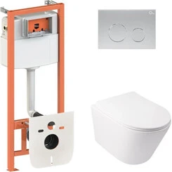 Комплект унитаз с инсталляцией 4 в 1 Qtap QT16335179W45152: подвесной унитаз с сиденьем Swan QT16335179W + инсталляция Nest ST QT0133M425 + клавиша смыва Nest QT0111M11111SAT + звукоизоляционная прокладка, фото 