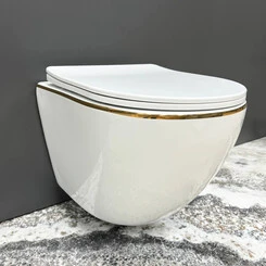Безободковый подвесной унитаз VBI Vulcano Gold Edge VBI-020402 (белый/золотой, с сиденьем), Цвет производителя: белый, золото, фото 