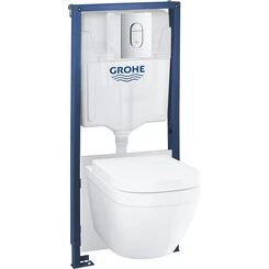 Комплект унитаз с инсталляцией 4 в 1 Grohe 36501000: подвесной унитаз с сиденьем Euro Ceramic 39328000 + инсталляция Rapid SL 38528001 + клавиша смыва Arena Cosmopolitan 38844000 + звукоизоляционная прокладка, фото 