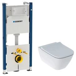 Комплект унитаз с инсталляцией 4 в 1 Geberit: подвесной унитаз с сиденьем Smyle Square Rimfree 500.683.00.2 + инсталляция Duofix Delta 458.126.00.1+ звукоизоляционная прокладка, фото 