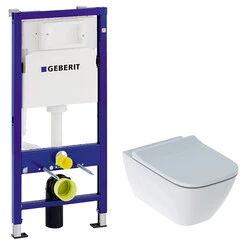 Комплект унитаз с инсталляцией 3 в 1 Geberit: подвесной унитаз с сиденьем Smyle Square Rimfree 500.683.00.2 + инсталляция DuofixBasic Delta 458.103.00.1, фото 