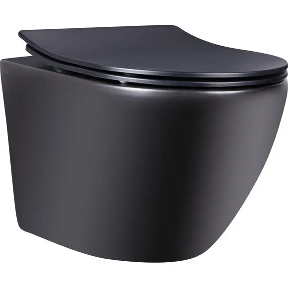 Безободковый подвесной унитаз Qtap Robin QT1333046ENRMB New (черный матовый, с сиденьем), фото 