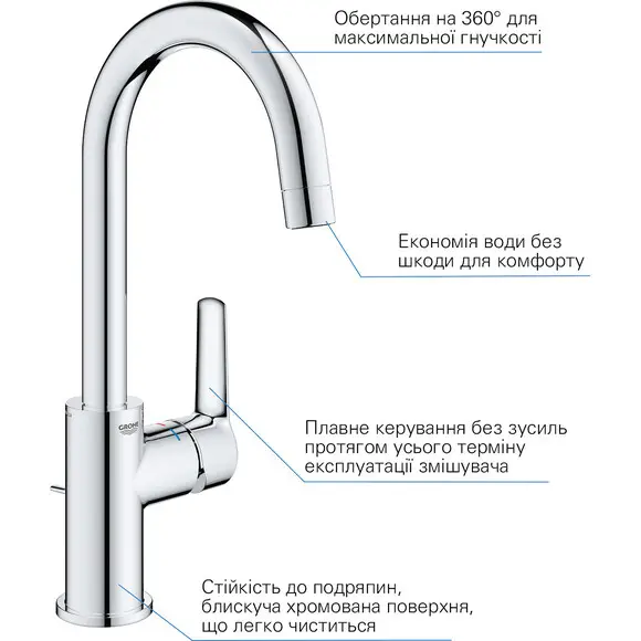Змішувач для умивальника Grohe QuickFix Start L-Size 24203002 (високий, з донним клапаном), Колір виробника: хром, фото , изображение 9
