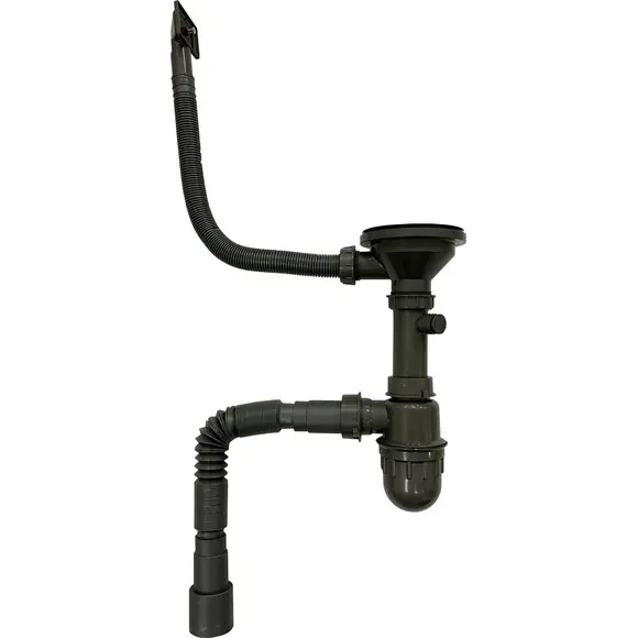 Сифон для кухонної мийки Lidz 47 01 002 01 (LIDZGRA470100201, чорний, з додатковим відведенням), фото 
