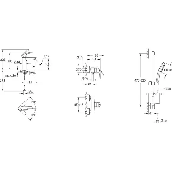 Комплект смесителей 3 в 1 для ванной комнаты Grohe Eurosmart New S-Size UA123244M1 (33555003+33265003+26907003), фото 14