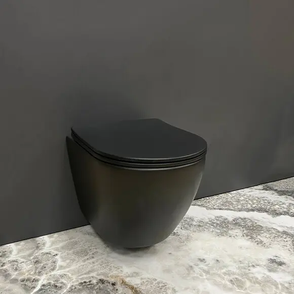 Безободковый подвесной унитаз VBI Vulcano Black Matt VBI-020412 (черный матовый, с сиденьем), Цвет производителя: черный матовый, фото 
