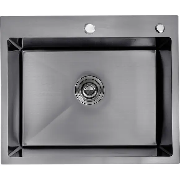 Кухонна мийка Kroner KRP Schwarze 6050HM PVD (Schwarze-6050HM, 60x50 см, 3.0/1.0 мм, з колландером та сифоном), Доступні розміри: 60x50, фото , изображение 2