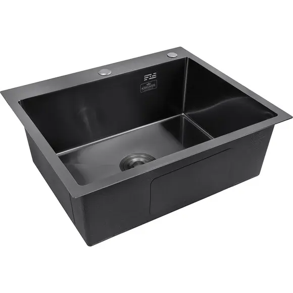 Кухонна мийка Kroner KRP Schwarze 6050HM PVD (Schwarze-6050HM, 60x50 см, 3.0/1.0 мм, з колландером та сифоном), Доступні розміри: 60x50, фото , изображение 3
