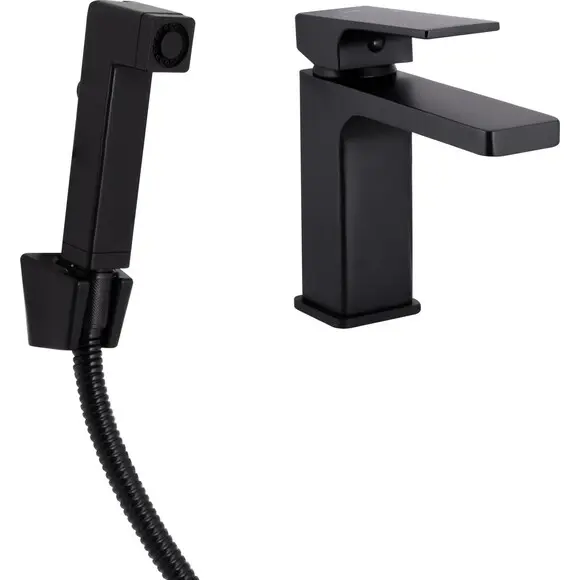 Змішувач для умивальника Qtap Gemini Black Matt QTGEM272BLM45690 (чорний матовий, з гігієнічним душем), Колір виробника: чорний матовий, фото 