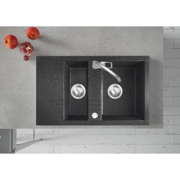 Мийка для кухні Ferro Mezzo II Graphite Shine DRGM3/48/79HA (79x48 см, графітова глянсова, із фруктівницею, із сифоном та клапаном-автоматом), Доступні розміри: 79.5x48, Колір виробника: графіт глянсовий, фото , изображение 2