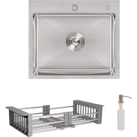 Мойка для кухни Lidz Handmade H5045 Brushed Steel LDH5045BRU3538347517 (50x45 см, брашированная сталь, 3.0/1.0 мм, с корзиной, сифоном и дозатором), Доступные размеры: 50 x 45, Цвет производителя: брашированная нержавеющая сталь, Тип поверхности: brash (брашированная, матовая), фото 