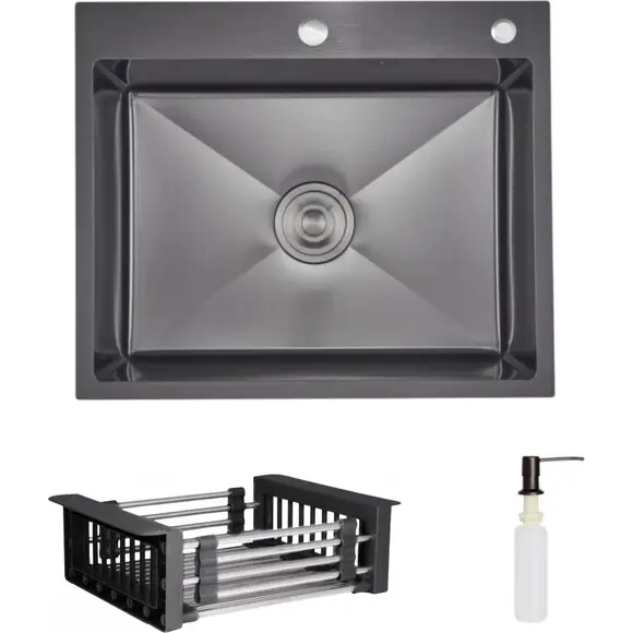 Мойка для кухни Lidz Handmade H6050HB Decor Black PVD Honeycomb LDH6050BDECPVD4837149129 (60x50 см, черный декор, 2.5/0.5 мм, с корзиной, сифоном и дозатором), Доступные размеры: 60 x 50, фото 