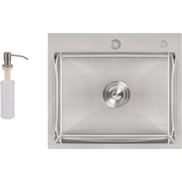 Мойка для кухни Lidz Handmade H5045 Brushed Steel LDH5045BRU3538347517 (50x45 см, брашированная сталь, 3.0/1.0 мм, с корзиной, сифоном и дозатором), Доступные размеры: 50 x 45, Цвет производителя: брашированная нержавеющая сталь, Тип поверхности: brash (брашированная, матовая), фото 2