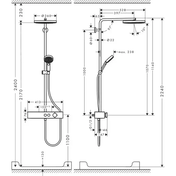 Душова система з термостатом Hansgrohe Pulsify S Showerpipe 260 1jet EcoSmart Brushed Bronze 24221140 (брашована бронза, з поличкою), Колір виробника: брашована бронза, фото , изображение 3
