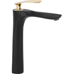 Високий змішувач для умивальника Rea Orbit REA-B2055 (чорний матовий/золотий), фото 
