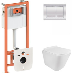 Комплект унитаз с инсталляцией 4 в 1 Qtap QT1733052ERW0133M425M06028CRM: подвесной унитаз с сиденьем Tern QT1733052ERW + инсталляция Nest ST QT0133M425 + клавиша смыва Nest QT0111M06028CRM + звукоизоляционная прокладка, фото 