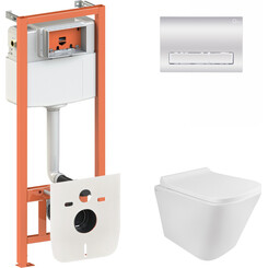 Комплект унитаз с инсталляцией 4 в 1 Qtap QT1733052ERW0133M425M08381CRM: подвесной унитаз с сиденьем Tern QT1733052ERW + инсталляция Nest ST QT0133M425 + клавиша смыва Nest QT0111M08381CRM + звукоизоляционная прокладка, фото 