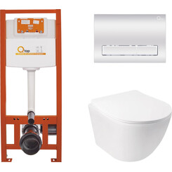 Комплект унитаз с инсталляцией 4 в 1 Qtap QT07335177W45140: подвесной унитаз с сиденьем Jay QT07335177W + инсталляция Nest ST QT0133M425 + клавиша смыва Nest QT0111M08381CRM + звукоизоляционная прокладка, фото 