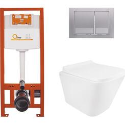Комплект унитаз с инсталляцией 4 в 1 Qtap QT1733052EUQW45157: подвесной унитаз с сиденьем Tern QT1733052EUQW + инсталляция Nest ST QT0133M425 + клавиша смыва Nest QT0111M06029SAT + звукоизоляционная прокладка, фото 