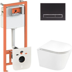 Комплект унитаз с инсталляцией 4 в 1 Qtap QT1433053EUQW45167: подвесной унитаз с сиденьем Scorpio QT14332380AW + инсталляция Nest ST QT0133M425 + клавиша смыва Nest QT0111M08V1091MB + звукоизоляционная прокладка, Цвет производителя: черный матовый, фото 