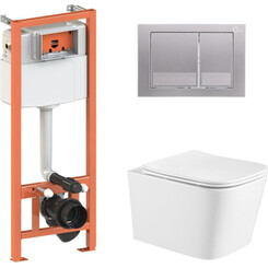 Комплект унитаз с инсталляцией 4 в 1 Qtap QT05335171W45127: подвесной унитаз с сиденьем Crow QT05335171W + инсталляция Nest ST QT0133M425 + клавиша смыва Nest QT0111M06029SAT + звукоизоляционная прокладка, фото 