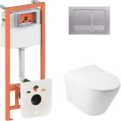 Комплект унитаз с инсталляцией 4 в 1 Qtap QT16335179W45149: подвесной унитаз с сиденьем Swan QT16335179W + инсталляция Nest ST QT0133M425 + клавиша смыва Nest QT0111M06029SAT + звукоизоляционная прокладка, фото 