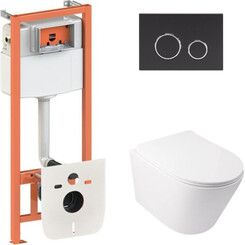 Комплект унитаз с инсталляцией 4 в 1 Qtap QT16335179W45150: подвесной унитаз с сиденьем Swan QT16335179W + инсталляция Nest ST QT0133M425 + клавиша смыва Nest QT0111M11V1146MB + звукоизоляционная прокладка, фото 