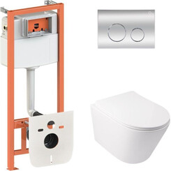 Комплект унитаз с инсталляцией 4 в 1 Qtap QT16335179W45151: подвесной унитаз с сиденьем Swan QT16335179W + инсталляция Nest ST QT0133M425 + клавиша смыва Nest QT0111M11112CRM + звукоизоляционная прокладка, фото 