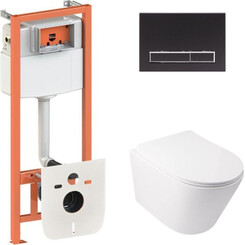 Комплект унитаз с инсталляцией 4 в 1 Qtap QT16335179W45153: подвесной унитаз с сиденьем Swan QT16335179W + инсталляция Nest ST QT0133M425 + клавиша смыва Nest QT0111M08V1091MB + звукоизоляционная прокладка, фото 