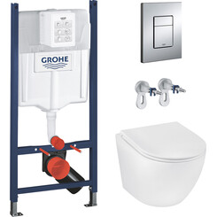 Комплект унитаз с инсталляцией 4 в 1 3884966KH493736: подвесной унитаз с сиденьем Kroner Harz WHI493736 + инсталляция Grohe Solido 3884966Q + клавиша смыва Grohe Even 38966000, фото 