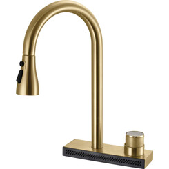 Змішувач для кухні Rea Conor Brushed Gold REA-B6312 (брашоване золото, з висувною лійкою та водоспадом), фото 