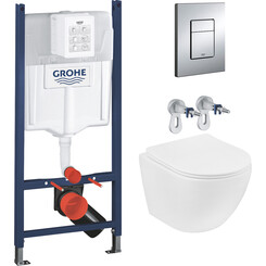 Комплект унитаз с инсталляцией 4 в 1 3884966KH523632: подвесной унитаз с сиденьем Kroner Harz WHI523632 + инсталляция Grohe Solido 3884966Q + клавиша смыва Grohe Even 38966000, фото 