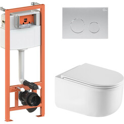 Комплект унитаз с инсталляцией 4 в 1 Qtap QT2433084EUQW46148: подвесной унитаз с сиденьем Taurus QT2433084EUQW + инсталляция Nest ST QT0133M425 + клавиша смыва Nest QT0111M11111SAT + звукоизоляционная прокладка, Цвет производителя: сатин (хром матовый), фото 