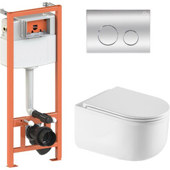 Комплект унитаз с инсталляцией 4 в 1 Qtap QT2433084EUQW46152: подвесной унитаз с сиденьем Taurus QT2433084EUQW + инсталляция Nest ST QT0133M425 + клавиша смыва Nest QT0111M11112CRM + звукоизоляционная прокладка, Цвет производителя: хром, фото 