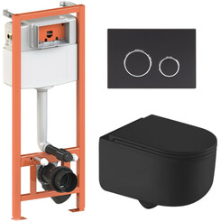 Комплект унитаз с инсталляцией 4 в 1 Qtap QT2433084EUQMB46186: подвесной унитаз с сиденьем Taurus QT2433084EUQMB + инсталляция Nest ST QT0133M425 + клавиша смыва Nest QT0111M11V1146MB + звукоизоляционная прокладка, Цвет производителя: черный матовый, фото 