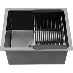 Кухонна мийка Kroner KRP Schwarze 4843HM PVD (Schwarze-4843HM, 48x43 см, 3.0/1.0 мм, з колландером та сифоном), фото 