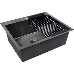 Кухонна мийка Kroner KRP Schwarze 6050HM PVD (Schwarze-6050HM, 60x50 см, 3.0/1.0 мм, з колландером та сифоном), Доступні розміри: 60x50, фото 