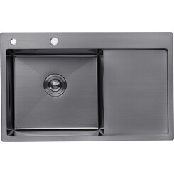 Кухонна мийка Kroner KRP Schwarze 7849LHM PVD (Schwarze-7849LHM, 78x49 см, 3.0/1.0 мм, з колландером та сифоном), Доступні розміри: 78 x 49 L, фото 