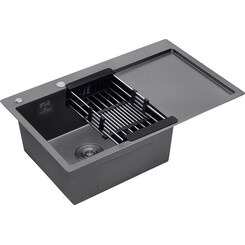 Кухонна мийка Kroner KRP Schwarze 7849LHM PVD (Schwarze-7849LHM, 78x49 см, 3.0/1.0 мм, з колландером та сифоном), Доступні розміри: 78 x 49 L, фото 